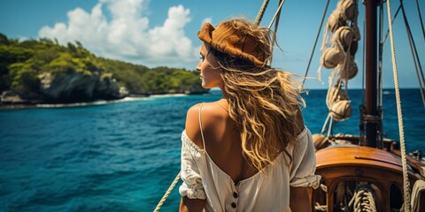young blonde woman on a sailing yacht in front of a tropical island