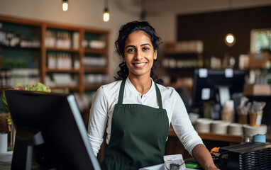 Indian smiling woman working as a cashier in the store