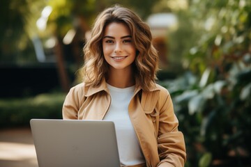 Smiling young woman using laptop outdoors