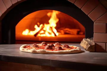 Foto op Plexiglas A pizzaiolo is making a pizza in a wood-fired oven © Adobe Contributor