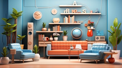 Blue and orange retro futuristic living room interior
