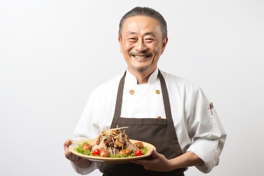A Japanese chef is holding a plate of food