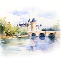 Watercolor painting of a castle with a bridge over a river - obrazy, fototapety, plakaty
