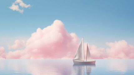 Illustration of sailboat in the sea. Pastel pink clouds. Copy space - obrazy, fototapety, plakaty