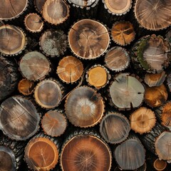 A multitude of tree stumps arranged in a circular pattern, showcasing the warm tones of the wood against a dark, earthy background for arbor day