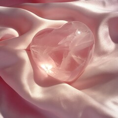 A heart-shaped rose quartz stone softly glowing, cradled in the delicate folds of a silky, pink satin fabric.