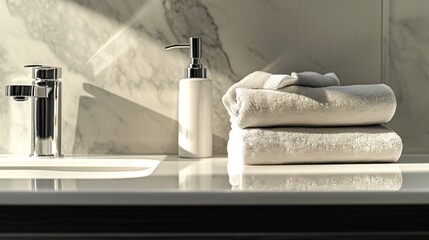 A bathroom vanity featuring a sleek faucet, white soap dispenser, neatly stacked white towels, with a marble wall in the background reflecting natural light.
