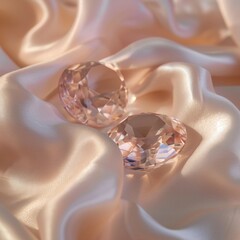 Two sparkling pink morganite gemstones rest on a soft, creamy satin fabric, their facets catching the light and creating a delicate play of shadow and color