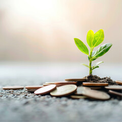 a small green plant with vibrant leaves sprouting from soil amidst scattered coins, symbolizing growth and investment