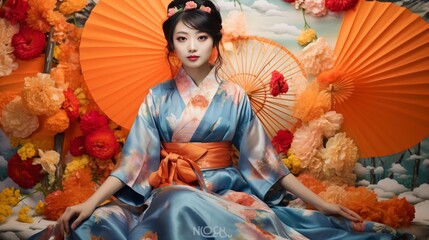 Portrait of a Japanese woman in traditional kimono with orange umbrella and flowers