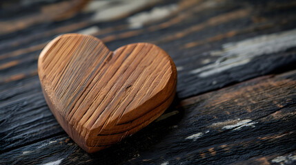 A weathered wooden heart rests atop the textured surface of a rustic wood, symbolizing resilience and strength in the face of challenges