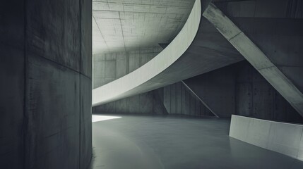 Obraz premium Abstract modern architecture with concrete walls and a curved white ramp, showcasing minimalist design.