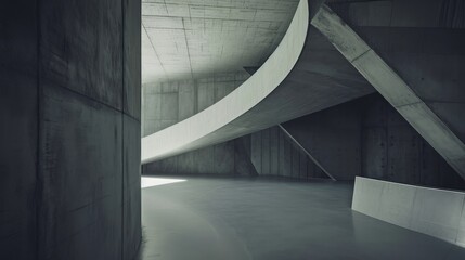 Abstract modern architecture with concrete walls and a curved white ramp, showcasing minimalist design.