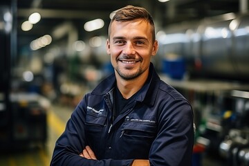 Portrait of a smiling Caucasian male worker in a blue uniform standing in a factory