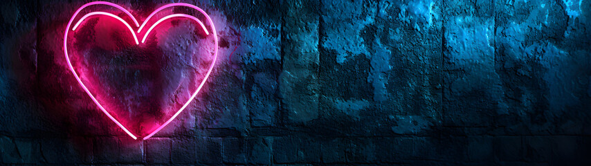 A heart-shaped magenta light shines brightly against the dark brick wall, drawing in passersby with its vibrant and alluring glow - obrazy, fototapety, plakaty