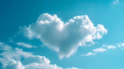 Naklejka na ściany i meble A solitary heart-shaped cumulus cloud floats peacefully in the vast blue sky, a beautiful reminder of love and nature's infinite wonder
