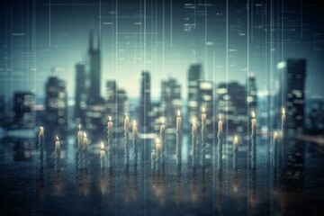 A candlestick grid chart representing stock market trading, showcasing bullish and bearish points along with financial growth concept. City backdrop is blurred with a double exposure. Generative AI