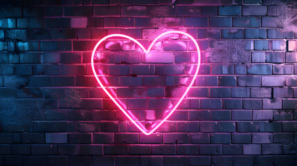 A vibrant symbol of love shines brightly against the rough, gray backdrop of a brick wall, radiating colorful light and captivating the eye with its bold, neon glow