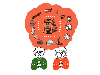 防災グッズと男性と女性　手描き風イラスト