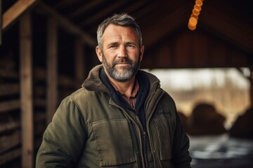A mature man with a robust build, deep voice, and gray stubble, standing in a rustic barn, reflecting the wisdom and strength of the heartland - obrazy, fototapety, plakaty