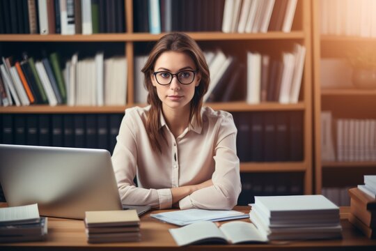 A Portrait of a Confident Female Technical Writer, Engrossed in Her Work, Surrounded by a Cluttered Desk Full of Books, Papers, and a Laptop in a Cozy Home Office