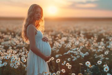 Close-up of pregnant woman with hands on her belly on nature background. Silhouette of pregnant woman in white dress in sunlight of sunset. Concept of pregnancy, maternity, expectation for baby birth. - obrazy, fototapety, plakaty