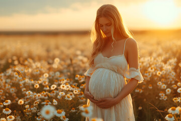 Close-up of pregnant woman with hands on her belly on nature background. Silhouette of pregnant woman in white dress in sunlight of sunset. Concept of pregnancy, maternity, expectation for baby birth. - obrazy, fototapety, plakaty