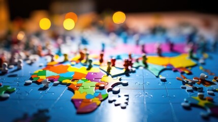 Closeup of a colorful puzzle depicting countries working together to reduce carbon emissions. - obrazy, fototapety, plakaty