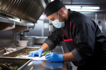A dedicated Public Health Inspector meticulously examining a restaurant kitchen, ensuring the highest standards of cleanliness and safety for public health - obrazy, fototapety, plakaty
