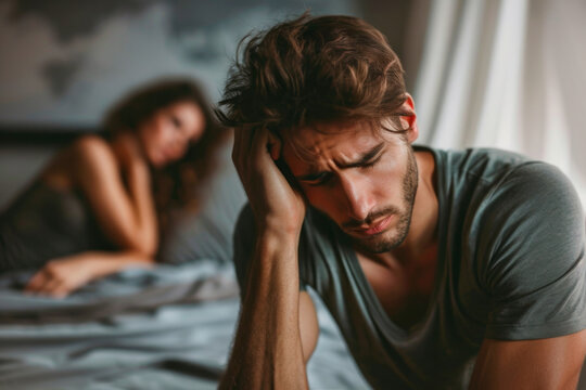 guy sitting on the edge of his bed sad, looking down, in the background a woman looking at him 