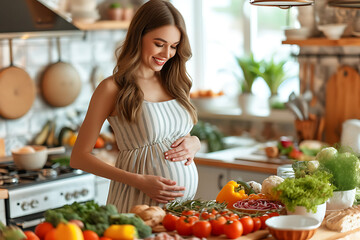 pregnant girl, Nutrition and lifestyle:
A healthy diet for pregnant women.
Physical activity and exercises during pregnancy. - obrazy, fototapety, plakaty
