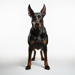A black dog standing against a white background