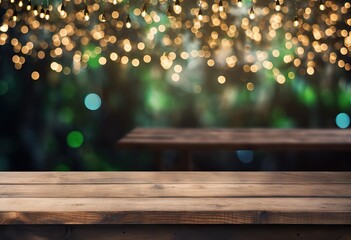 Empty wood table top on bokeh and blur abstract green background with golden lights. Product display template. Display mockup, montage your product, design key visual layout