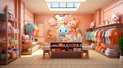 A clothing store with a pink theme and stuffed animals