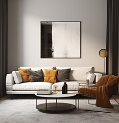 Modern living room interior with white sofa, coffee table, and orange accents