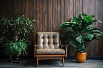 A mid-century modern armchair with potted plants