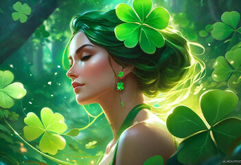 Lucky Goddess of the clover and fertility with shamrock in hair - obrazy, fototapety, plakaty