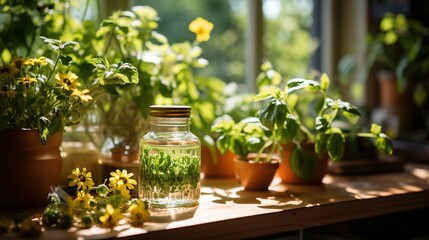 A clear glass jar filled with green herbs and water sits on a wooden table surrounded by various potted plants and yellow flowers