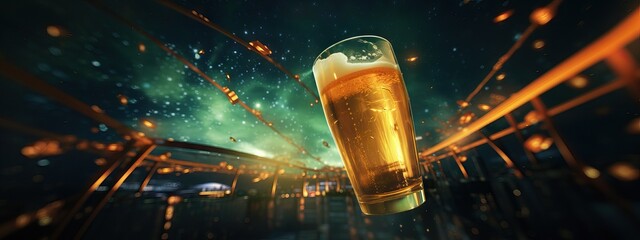 Glass with cold fresh beer on blurred green background with golden lights. Oktoberfest and St. Patrick's day celebration in a pub or bar. Card, banner, poster, flyer with copy space - obrazy, fototapety, plakaty