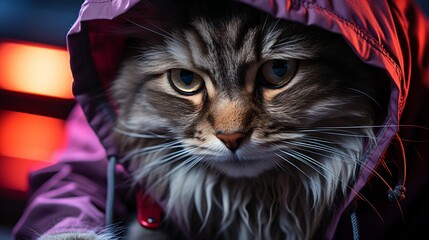 A fluffy cat wearing a purple jacket with a hood