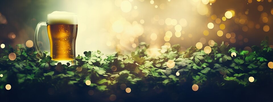 Glass with cold fresh beer on clover field on blurred green background with bokeh lights. Oktoberfest and St. Patrick's day celebration in a pub or bar. Card, banner, poster, flyer with copy space - Powered by Adobe