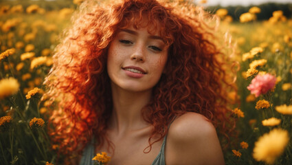 Bellissima ragazza con capelli rossi e ricci in un prato pieno di fiori in primavera - obrazy, fototapety, plakaty