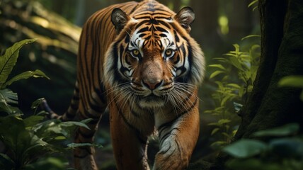 Fototapeta premium Majestic Bengal Tiger Gazing Intently in Striking Profile Amidst Lush Jungle Foliage - AI-Generative
