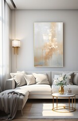Modern beige and white abstract painting in living room interior