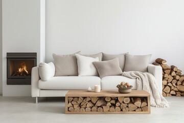Bright living room interior with comfortable white sofa and firewood