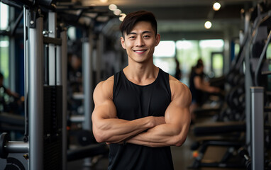 Fototapeta na wymiar Happy handsome young asian man in a gym.