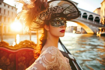 Sensual Charm of Venice Carnival: In the embrace of a Venetian boat, a woman dons a carnival mask, exuding mysterious allure against the backdrop of iconic Bridge