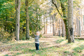 Little girl with a long stick stands on the grass in the forest