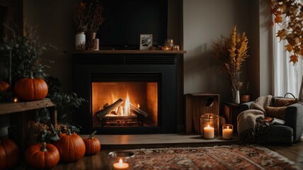 halloween pumpkin and fireplace