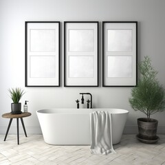 Fototapeta na wymiar Black and white bathroom interior with bathtub and plants